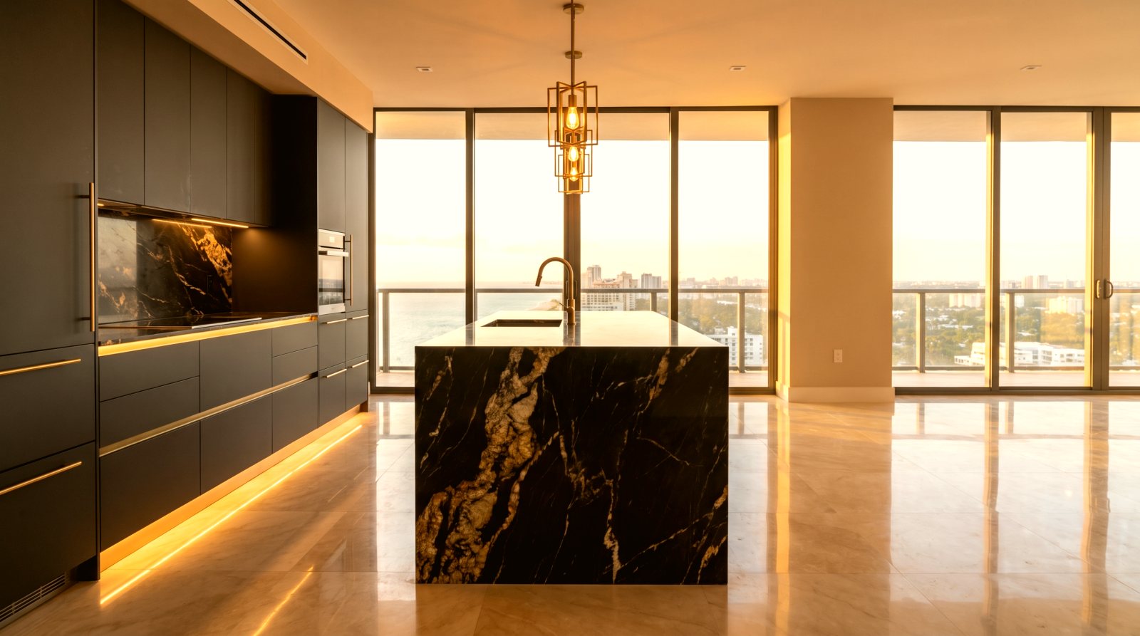 Luxury Miami kitchen with black and gold marble island